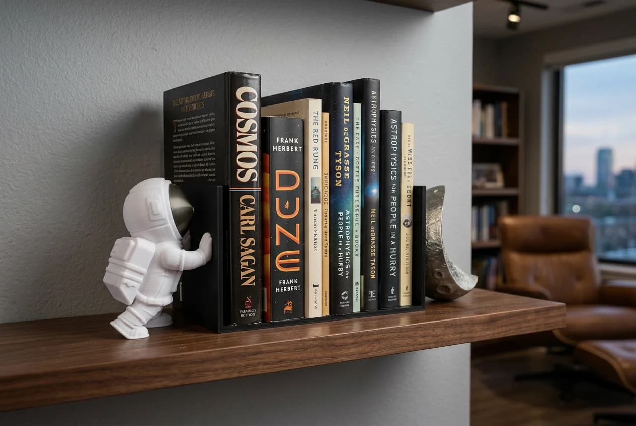 A white astronaut figurine leans against a stack of books on a wooden shelf, which includes titles like "Cosmos" by Carl Sagan and "Astrophysics for People in a Hurry" by Neil deGrasse Tyson. In the background, a cozy armchair and a city skyline can be seen through a window.