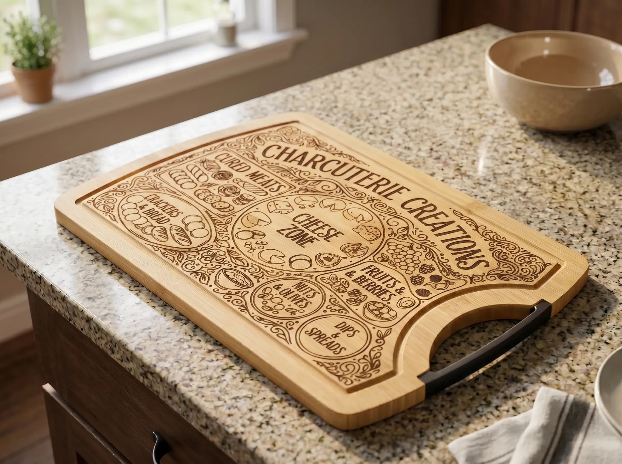 A laser engraved cutting board with decorative text and illustrations for organizing charcuterie items, placed on a speckled countertop next to a bowl and a cloth.