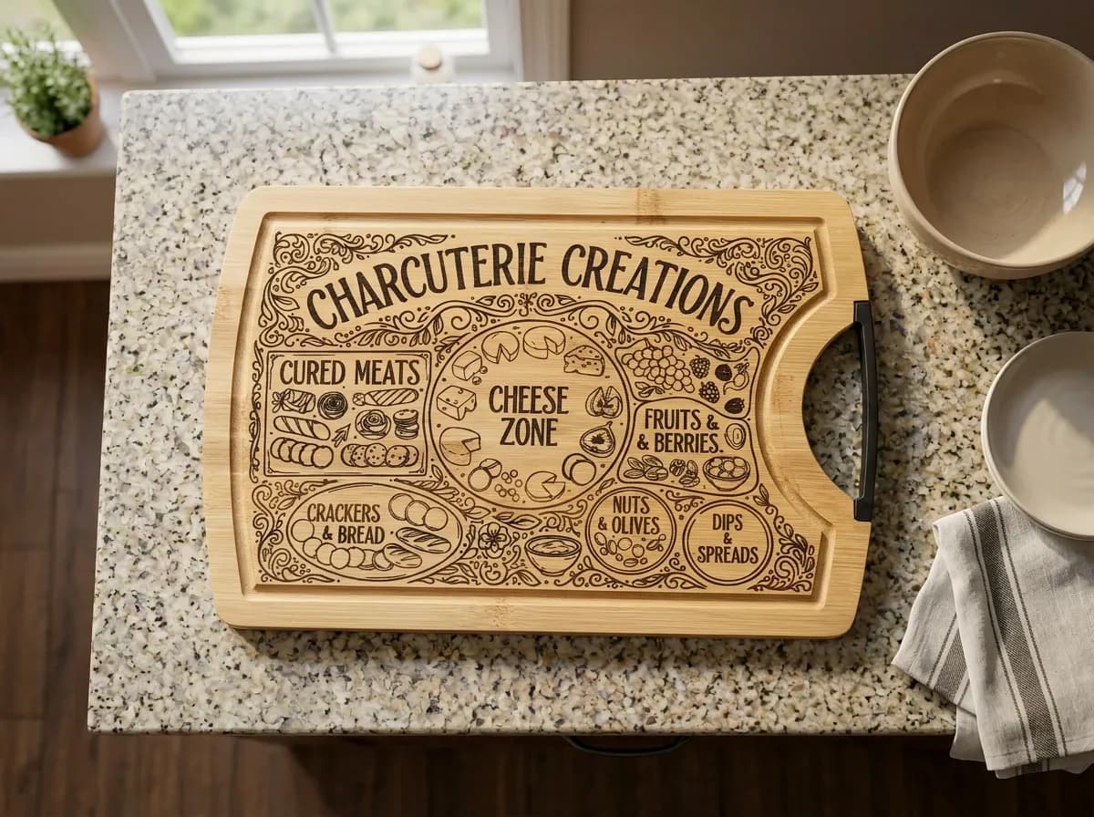 A wooden cutting board features laser engraving with sections labeled for charcuterie items, including "Cured Meats," "Cheese Zone," "Fruits & Berries," "Nuts & Olives," "Dips & Spreads," and "Crackers & Bread."