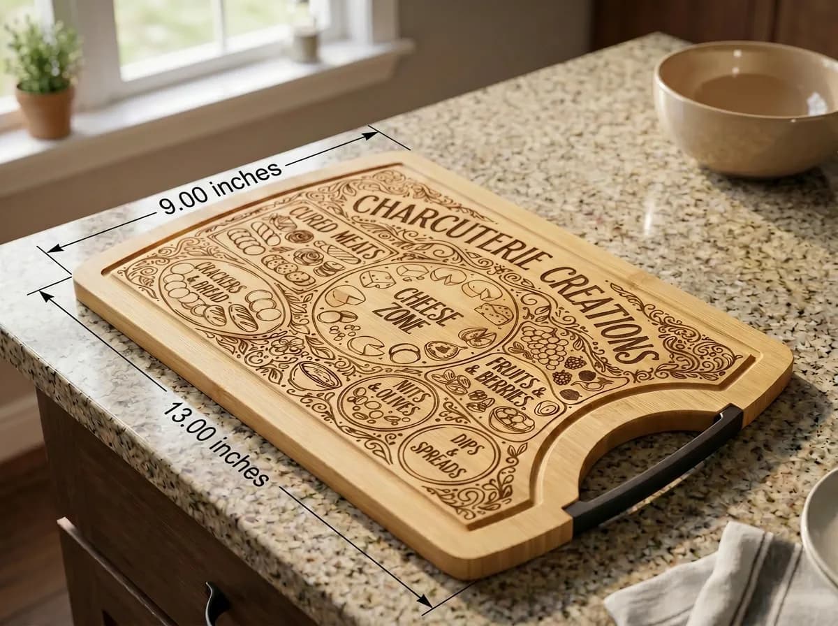 A laser engraved wooden cutting board with decorative sections labeled for various charcuterie items, measuring 9 inches by 13 inches, sits on a speckled countertop.