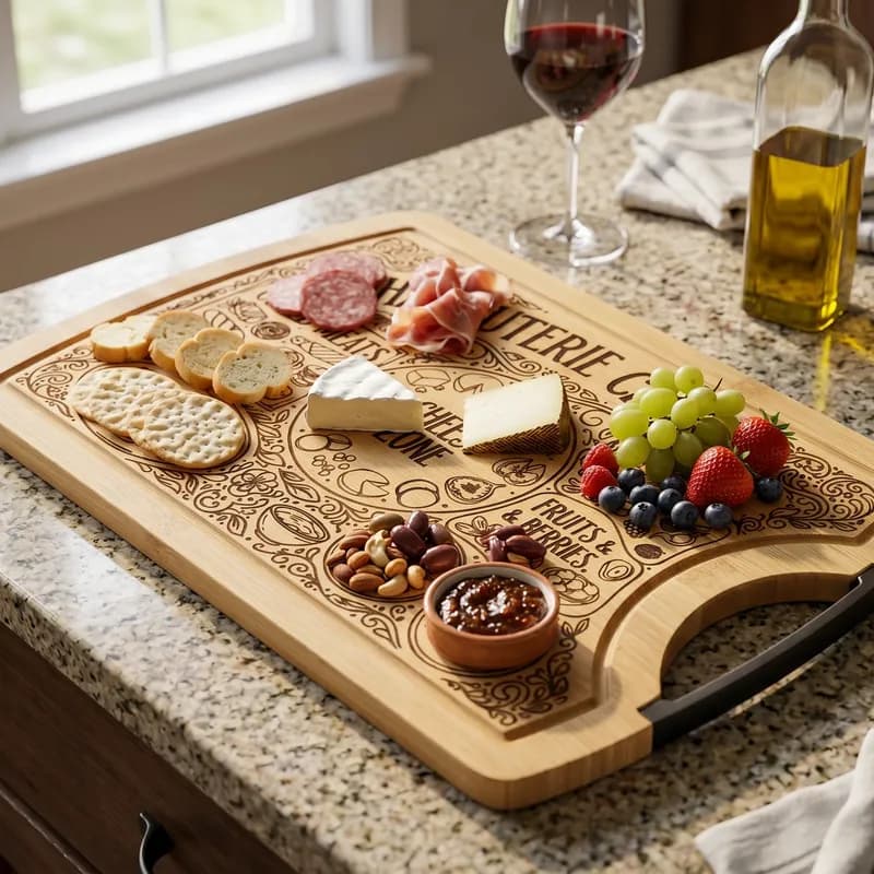 A wooden cutting board features laser engraved designs and is arranged with various cheeses, meats, crackers, fruits, nuts, and a small bowl of sauce, alongside a glass of red wine and a bottle of olive oil.