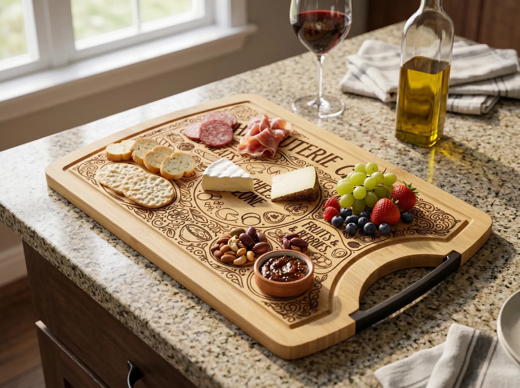 A wooden cutting board features laser engraved designs and is arranged with various cheeses, meats, crackers, fruits, nuts, and a small bowl of sauce, alongside a glass of red wine and a bottle of olive oil.