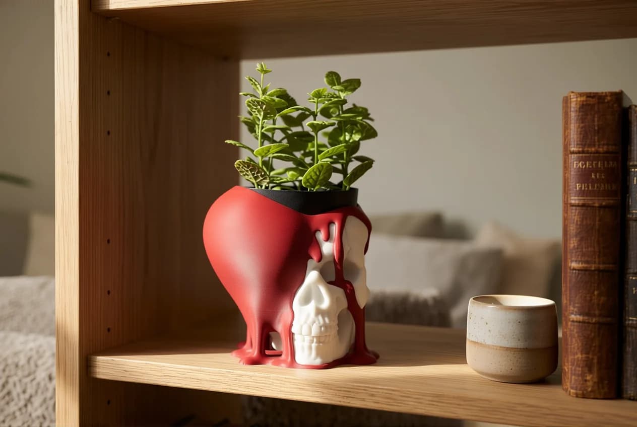 A red planter shaped like a heart, with a white skull design, holds vibrant green plants. The planter is displayed on a wooden shelf alongside a small ceramic cup and a stack of vintage books.