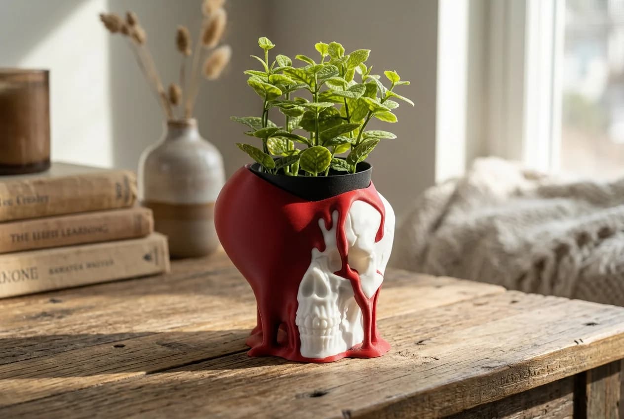 A unique planter shaped like a skull, with red dripping details, holds vibrant green leaves. The planter is placed on a rustic wooden table, surrounded by books and a soft, textured blanket in a sunlit room.