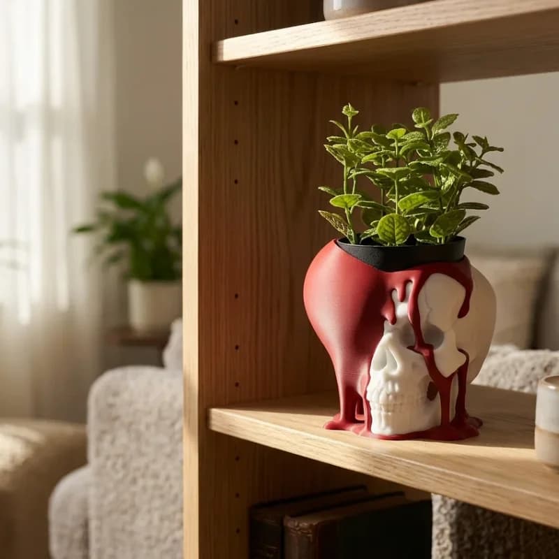 A unique planter shaped like a melting skull, painted in red and white, holds vibrant green plants, adding a striking contrast to the wooden shelf. In the background, soft natural light filters through sheer curtains, illuminating additional potted plants and a cozy living space.
