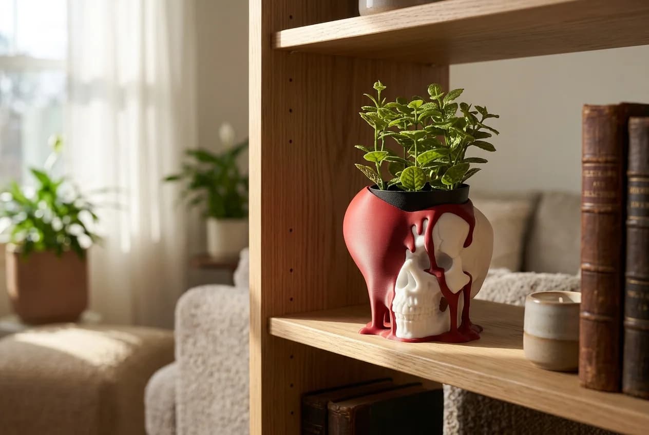 A unique planter shaped like a melting skull, painted in red and white, holds vibrant green plants, adding a striking contrast to the wooden shelf. In the background, soft natural light filters through sheer curtains, illuminating additional potted plants and a cozy living space.