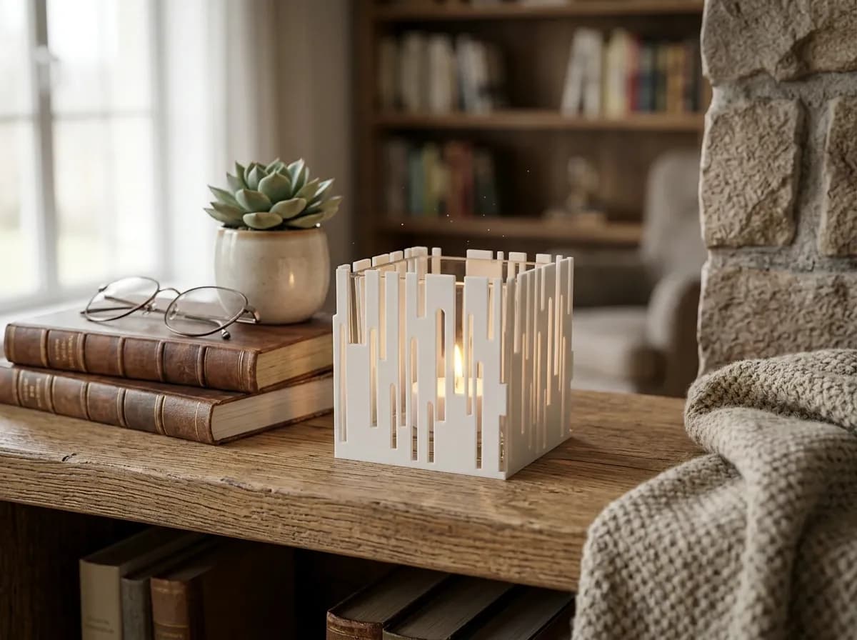 A 3D printed candle holder with a geometric design sits on a wooden table next to a small succulent in a pot, glasses, and stacked books.