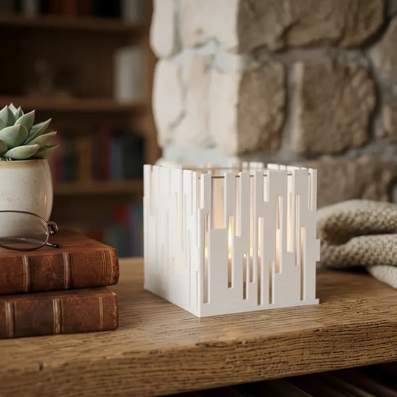 A 3D printed candle holder with a geometric cut-out design sits on a wooden table next to a small potted succulent and a pair of glasses, with stacked books in the background.