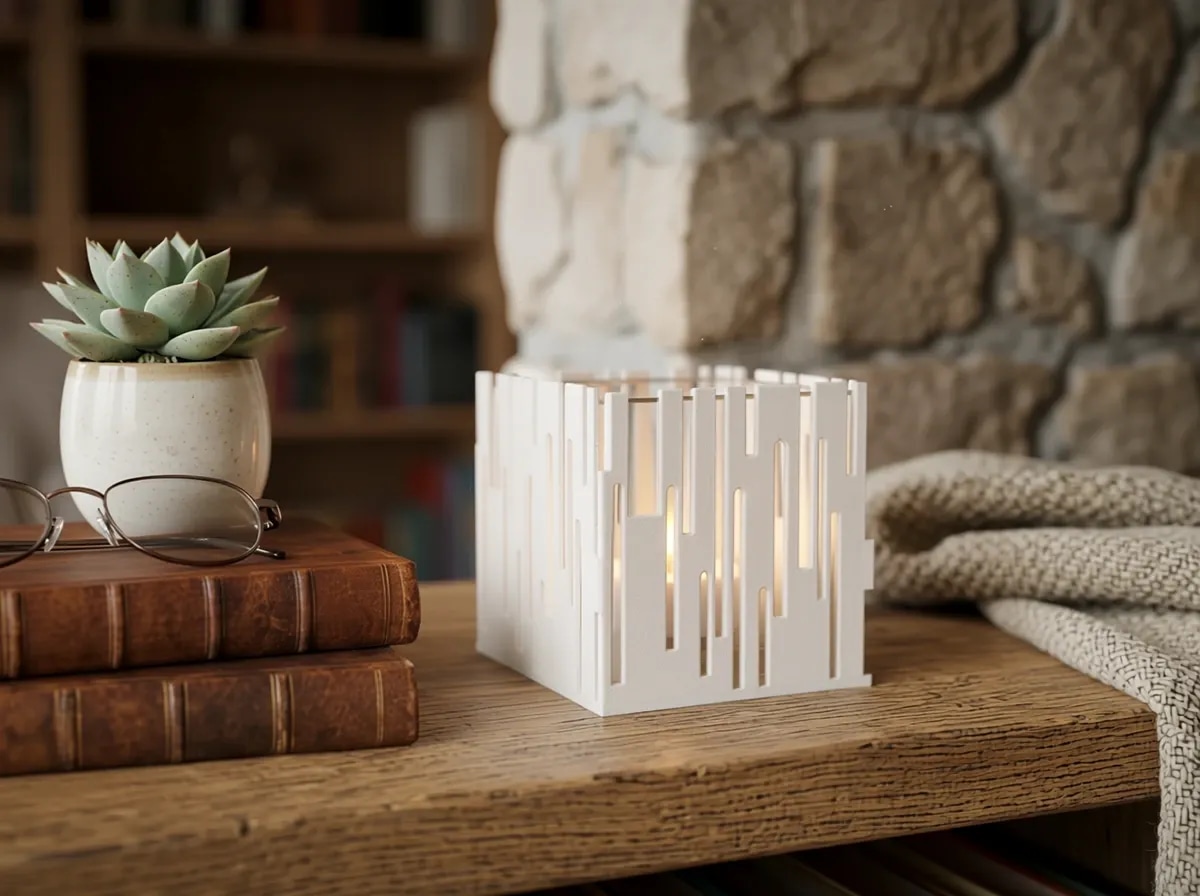 A 3D printed candle holder with a geometric cut-out design sits on a wooden table next to a small potted succulent and a pair of glasses, with stacked books in the background.