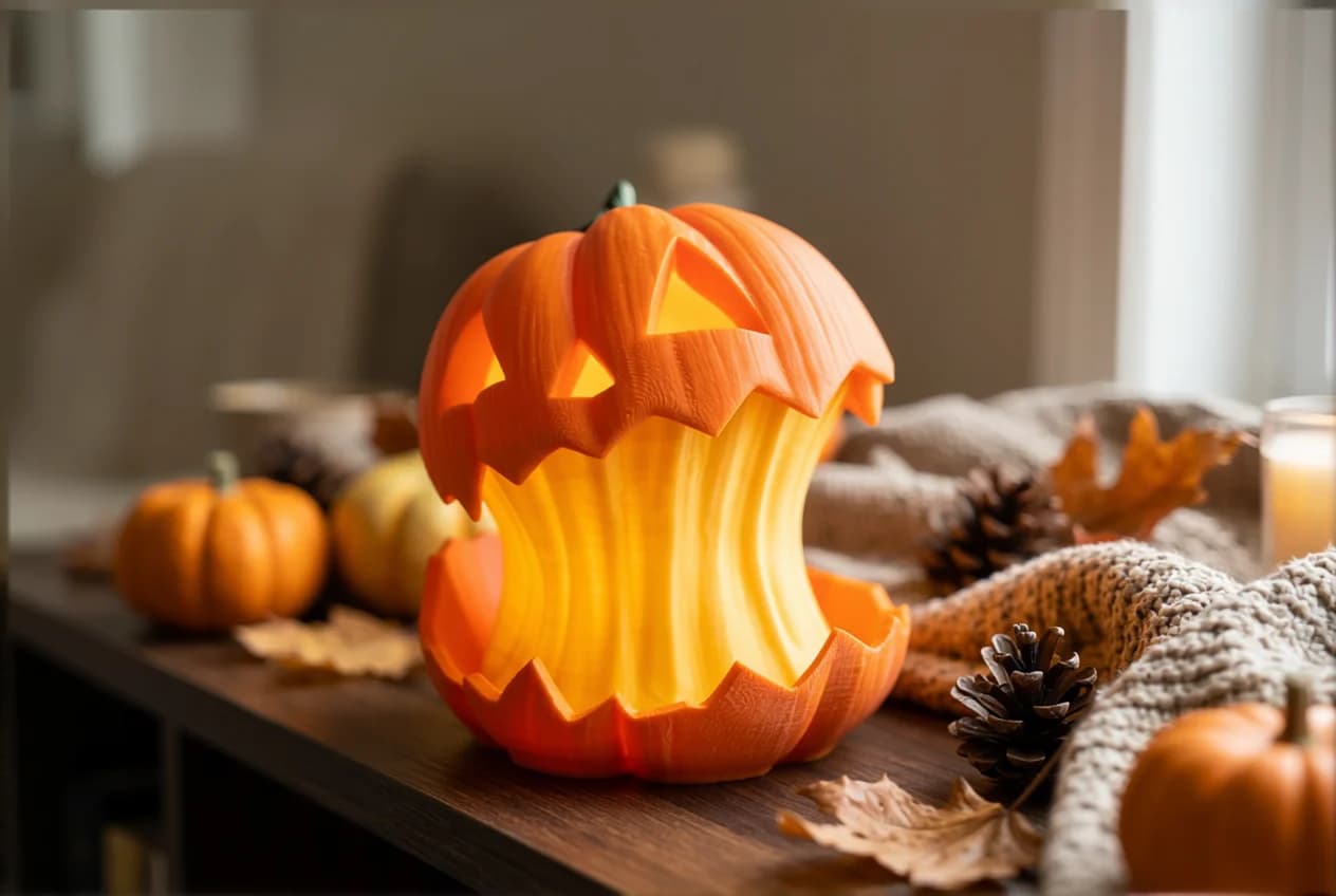 A carved pumpkin with a glowing interior features a jagged grin and eyes, surrounded by smaller pumpkins, pinecones, and autumn leaves on a wooden table. A cozy, knitted blanket adds warmth to the fall-themed decor.