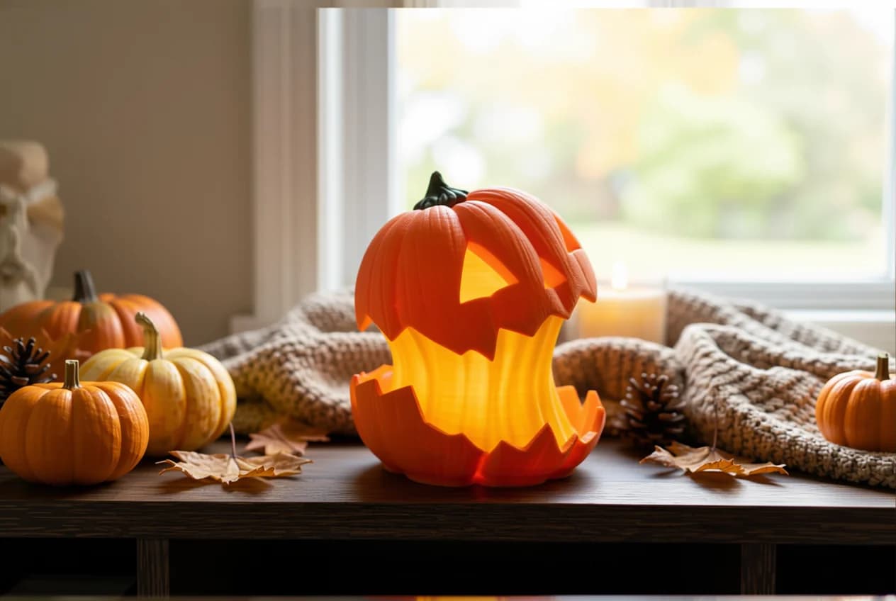 A carved pumpkin with a glowing interior sits on a wooden table, surrounded by smaller pumpkins, pinecones, and autumn leaves. A cozy knitted blanket and a lit candle add to the warm, seasonal atmosphere.