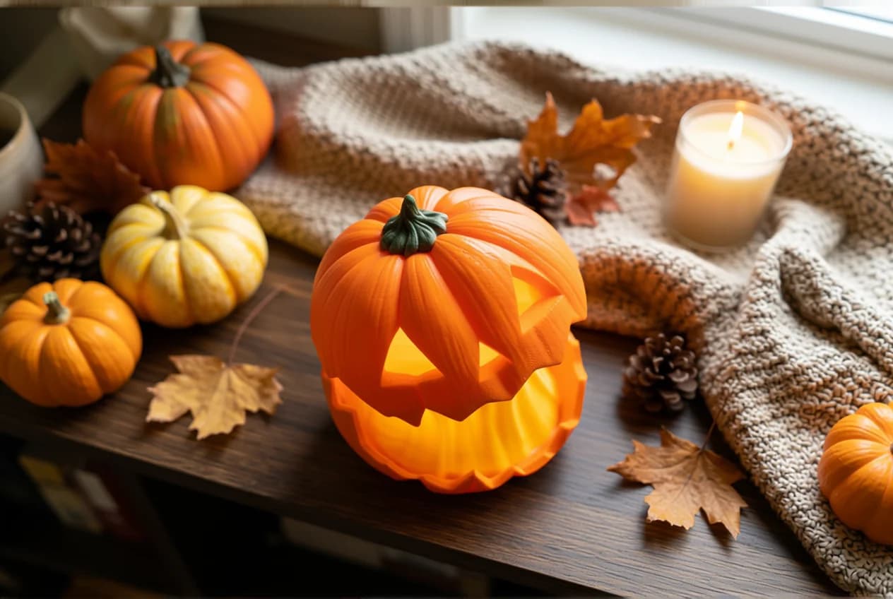 A decorative orange jack-o'-lantern sits atop a wooden table, illuminated from within, surrounded by various pumpkins, pinecones, and autumn leaves. A softly glowing candle and a cozy knitted blanket add to the warm, seasonal ambiance.