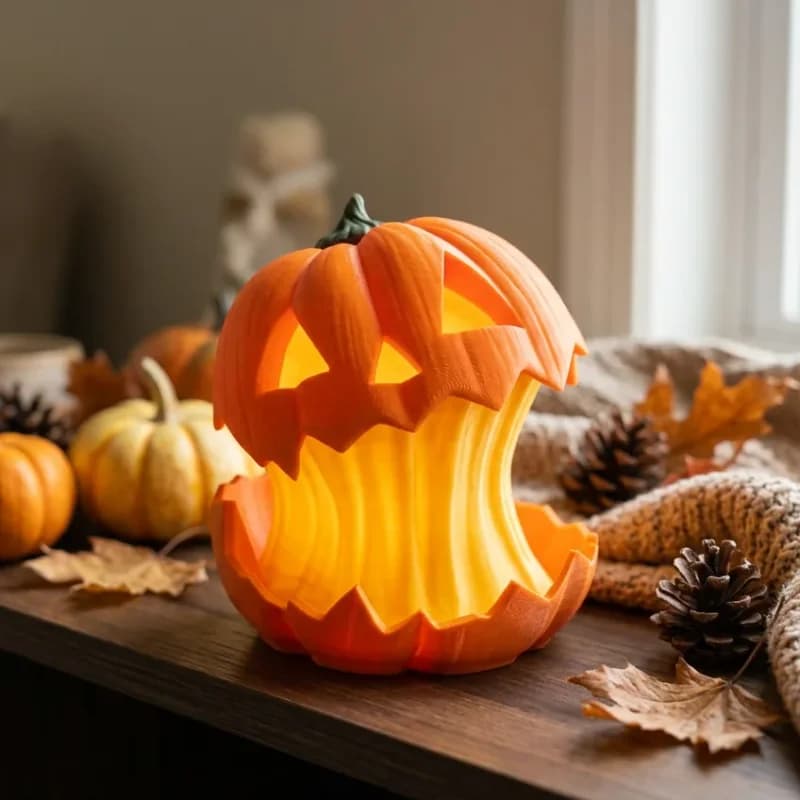 A carved pumpkin with a glowing interior features a smiling face, surrounded by smaller pumpkins, pinecones, and autumn leaves on a wooden table. A lit candle and a cozy knitted blanket add to the warm, festive atmosphere.