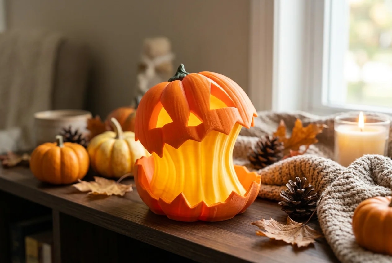 A carved pumpkin with a glowing interior features a smiling face, surrounded by smaller pumpkins, pinecones, and autumn leaves on a wooden table. A lit candle and a cozy knitted blanket add to the warm, festive atmosphere.