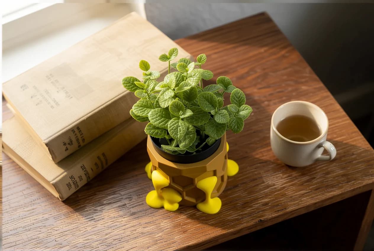 A small potted plant with vibrant green leaves sits in a yellow, honeycomb-patterned planter on a wooden table. Next to it, a beige ceramic cup filled with tea and two stacked books are visible, illuminated by natural light from a nearby window.