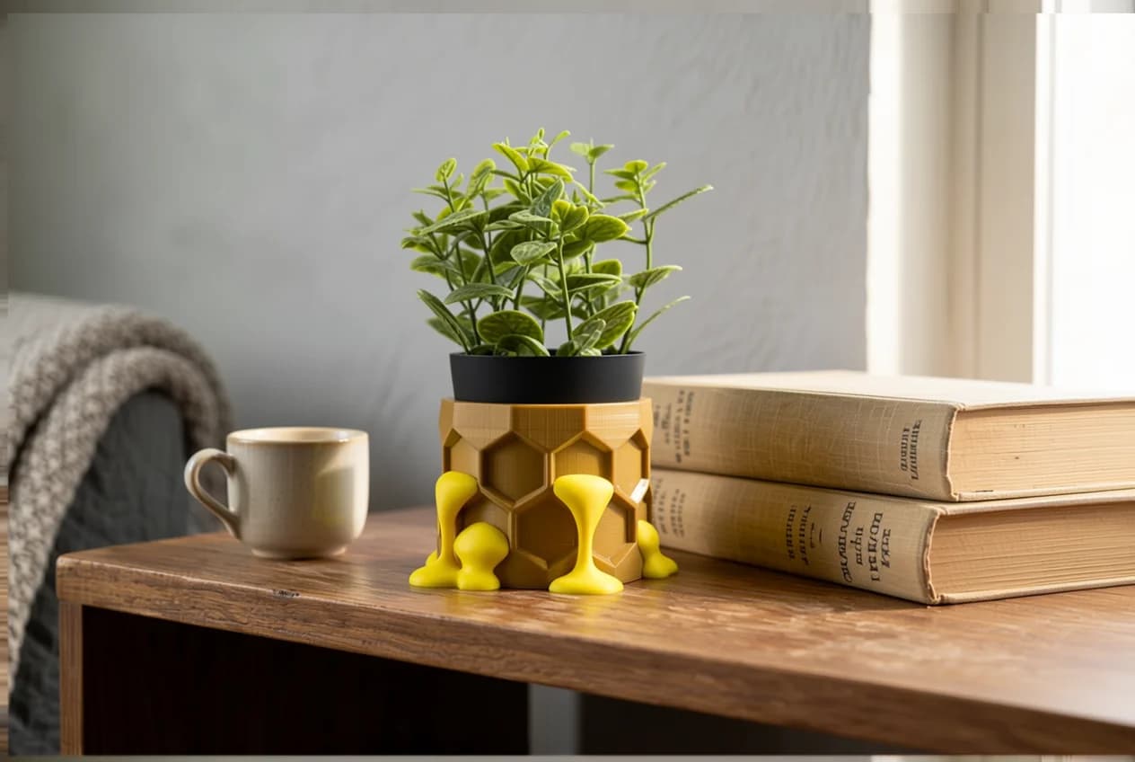 A vibrant green plant sits in a honeycomb-patterned yellow pot on a wooden table, accompanied by a small beige mug and stacked books. A cozy blanket is draped over the edge of a nearby couch, adding warmth to the scene.
