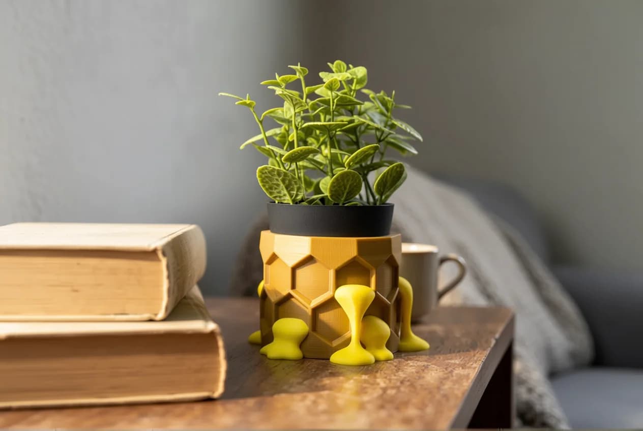A vibrant green plant sits in a yellow, honeycomb-patterned pot with playful yellow supports, placed on a wooden table alongside two stacked books and a beige mug. In the background, a soft, neutral-toned couch is partially visible, adding a cozy ambiance to the scene.