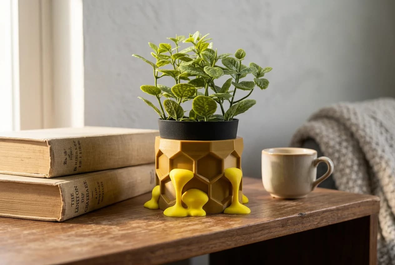 A vibrant green plant sits in a hexagonal yellow pot with playful yellow accents, placed on a wooden table next to two stacked vintage books and a small beige cup. A cozy knitted blanket is partially visible in the background, adding warmth to the scene.