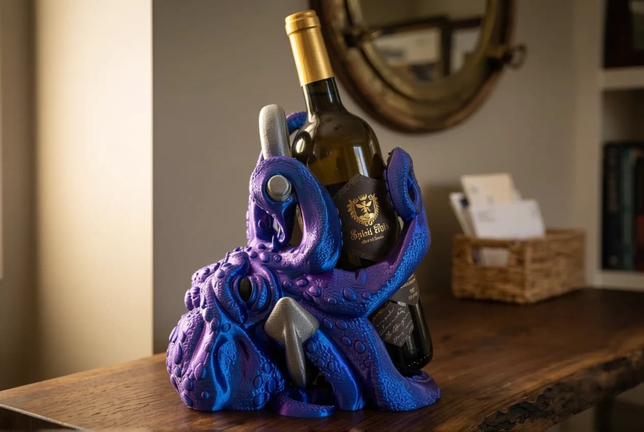 A vibrant purple and blue octopus-shaped wine holder cradles a bottle of white wine, featuring a decorative label. The holder is placed on a wooden table, with a blurred background showing a mirror and a basket containing papers.