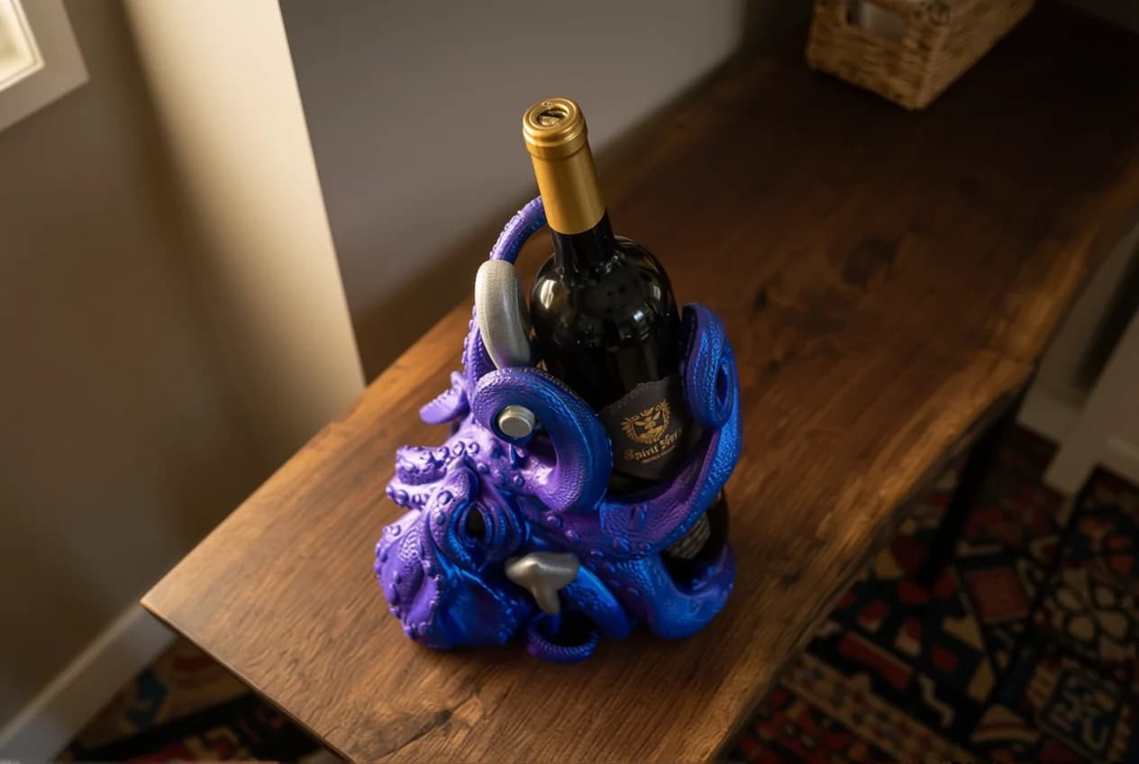 A decorative wine bottle holder shaped like a vibrant purple octopus wraps around a dark wine bottle, showcasing intricate details like tentacles and suction cups. The holder rests on a wooden table, with a woven basket visible in the background.