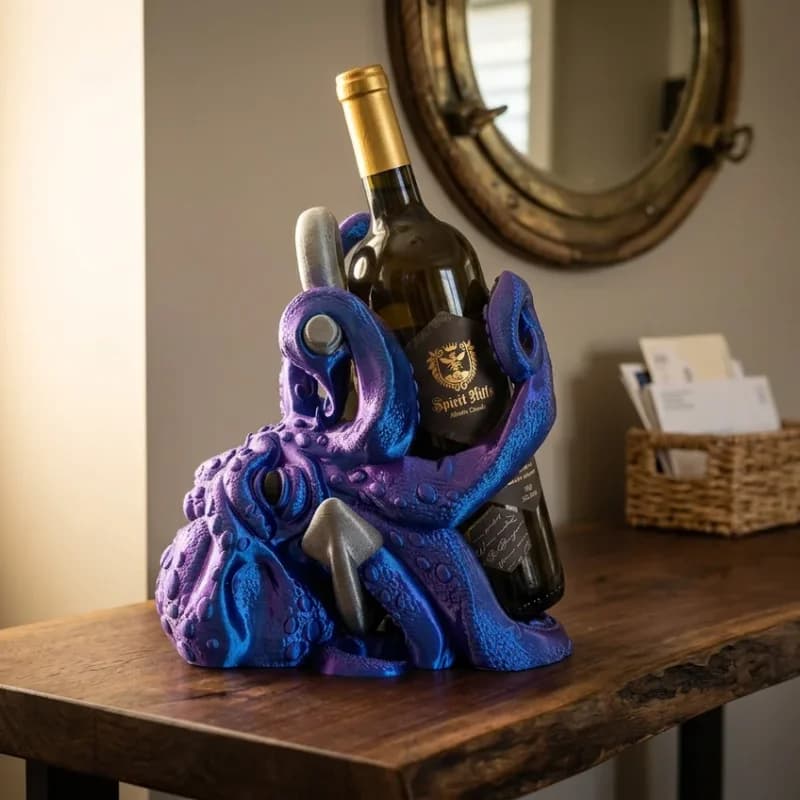 A vibrant purple and blue octopus-shaped wine holder cradles a bottle of white wine on a wooden table. In the background, a mirror and a basket with papers are visible, adding to the cozy home setting.