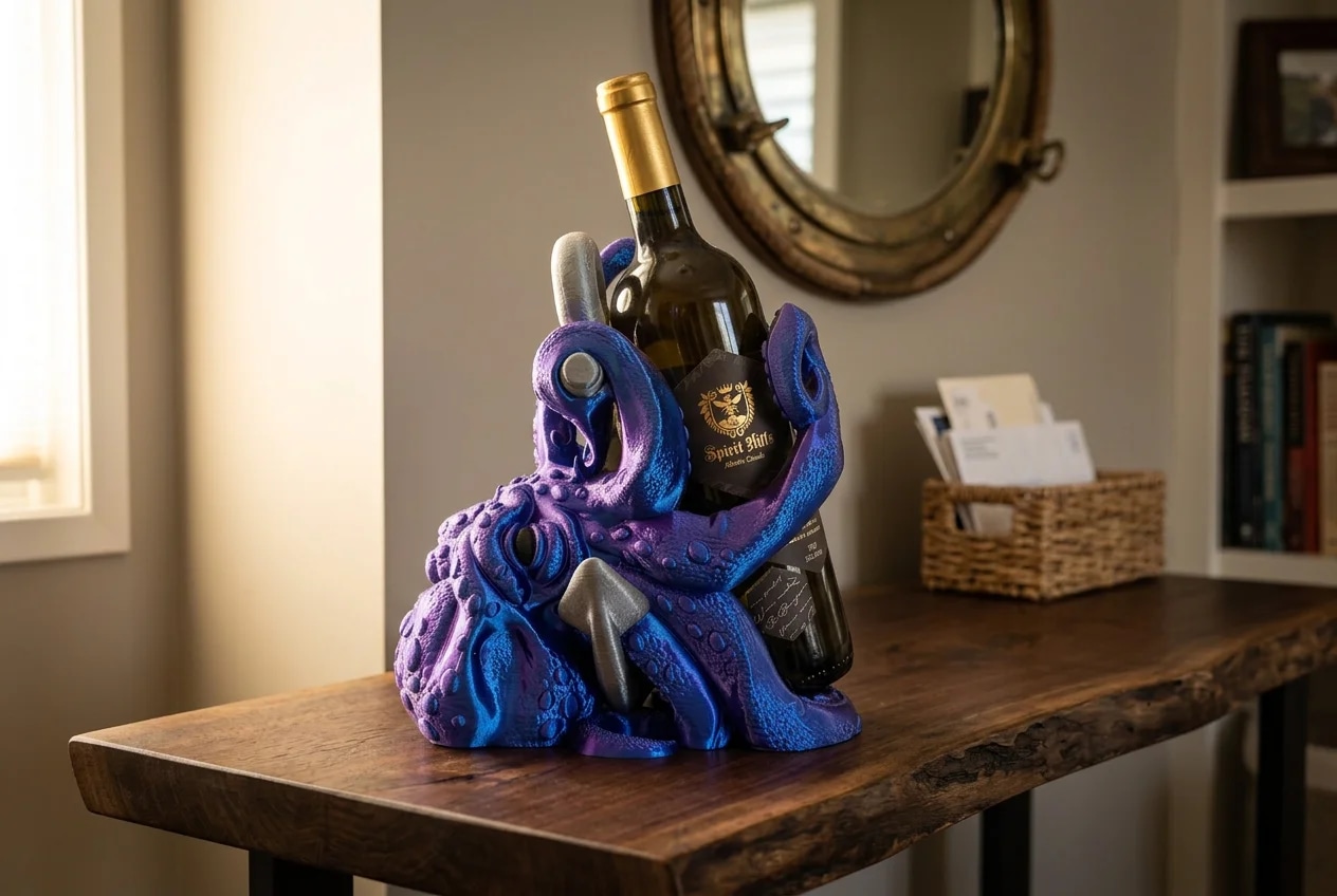 A vibrant purple and blue octopus-shaped wine holder cradles a bottle of white wine on a wooden table. In the background, a mirror and a basket with papers are visible, adding to the cozy home setting.