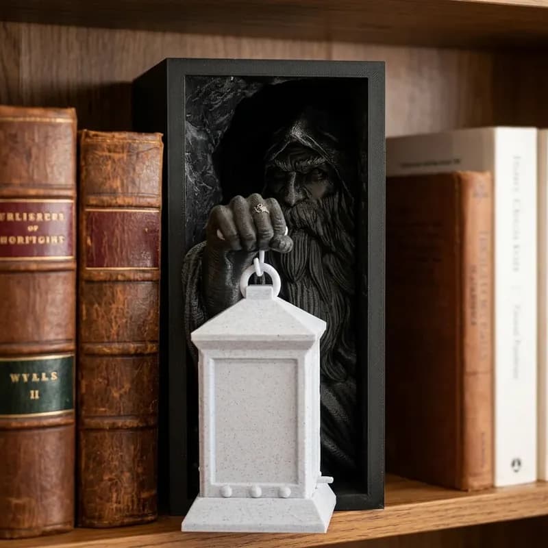 A 3D printed lantern held by a detailed figure of a hooded character emerges from a dark box, positioned between rows of books on a wooden shelf.