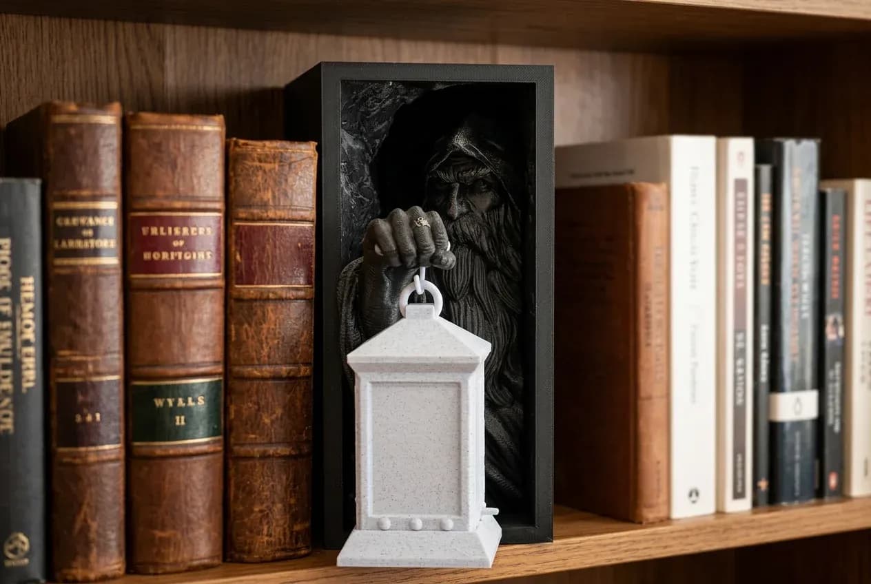 A 3D printed lantern held by a detailed figure of a hooded character emerges from a dark box, positioned between rows of books on a wooden shelf.