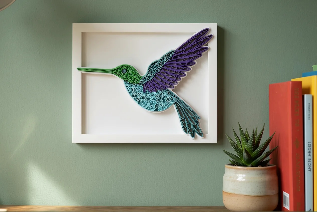 A vibrant, three-dimensional paper art piece of a hummingbird is displayed in a white frame against a soft green wall. The bird features intricate patterns in shades of blue, green, and purple, with a small potted succulent and colorful books visible on a wooden surface nearby.
