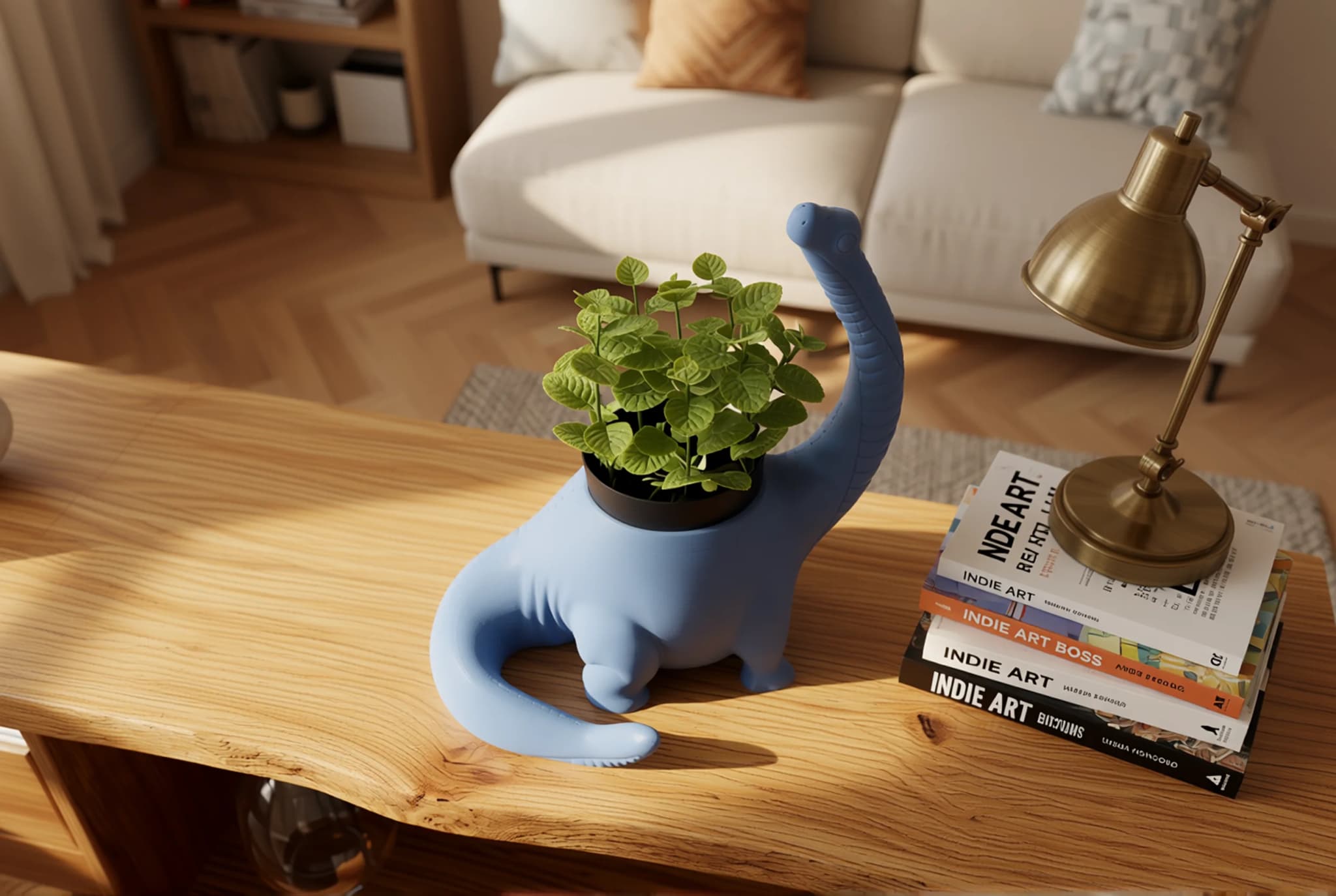 A blue dinosaur-shaped planter holds vibrant green plants, resting on a wooden coffee table. Nearby, a brass lamp and a stack of art books add to the cozy, modern living room atmosphere.