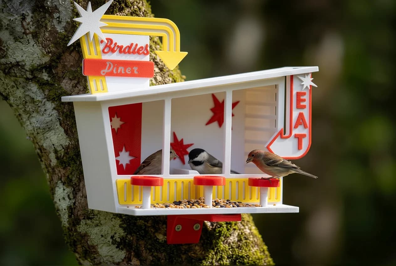A whimsical bird feeder designed to resemble a diner, featuring bright colors and playful decorations, is mounted on a tree. Two birds are perched inside, pecking at the seeds on the counter, while a third bird sits on the edge.