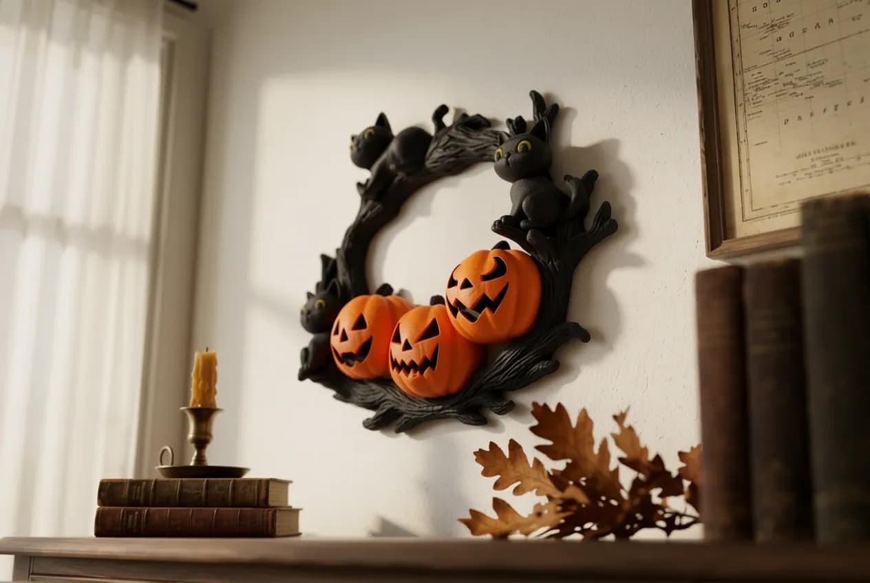 A decorative wall wreath features three carved pumpkins with faces, surrounded by black cats, alongside a candle on a stack of books and some autumn leaves.