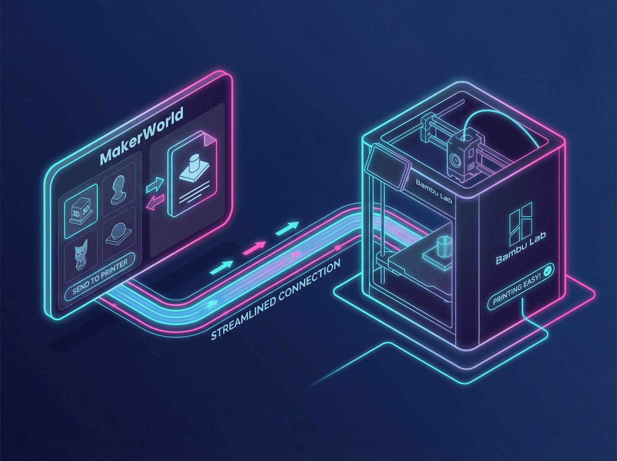 A digital illustration showcases a user interface labeled "MakerWorld" on the left, featuring various 3D models and an option to send designs to a printer. On the right, a stylized 3D printer from Bambu Lab is depicted, with a glowing connection line indicating a streamlined process for sending designs for printing.