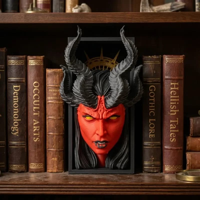 A striking red and black demon mask with prominent horns is displayed on a shelf surrounded by various antique books on topics like demonology, occult arts, and gothic lore. The setting conveys a dark, mystical atmosphere, enhanced by the presence of a magnifying glass and small curiosities.