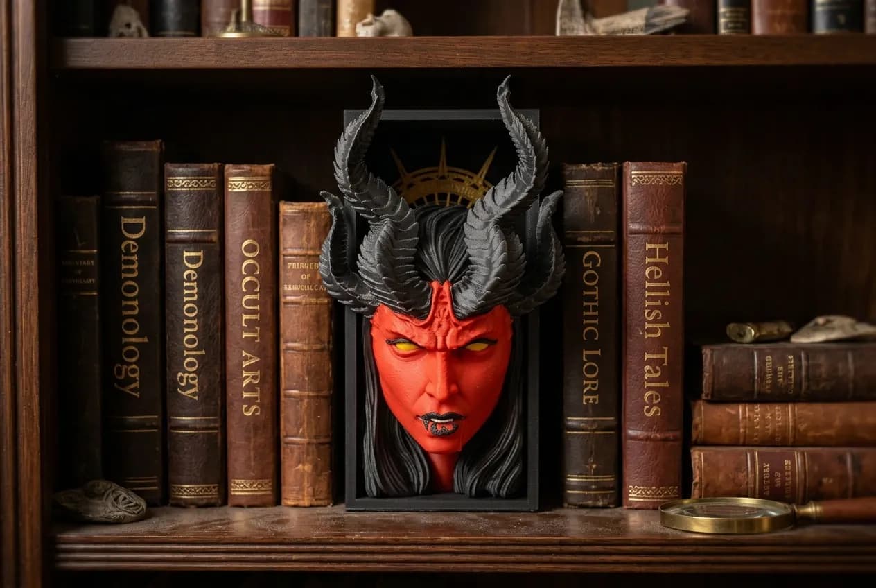 A striking red and black demon mask with prominent horns is displayed on a shelf surrounded by various antique books on topics like demonology, occult arts, and gothic lore. The setting conveys a dark, mystical atmosphere, enhanced by the presence of a magnifying glass and small curiosities.