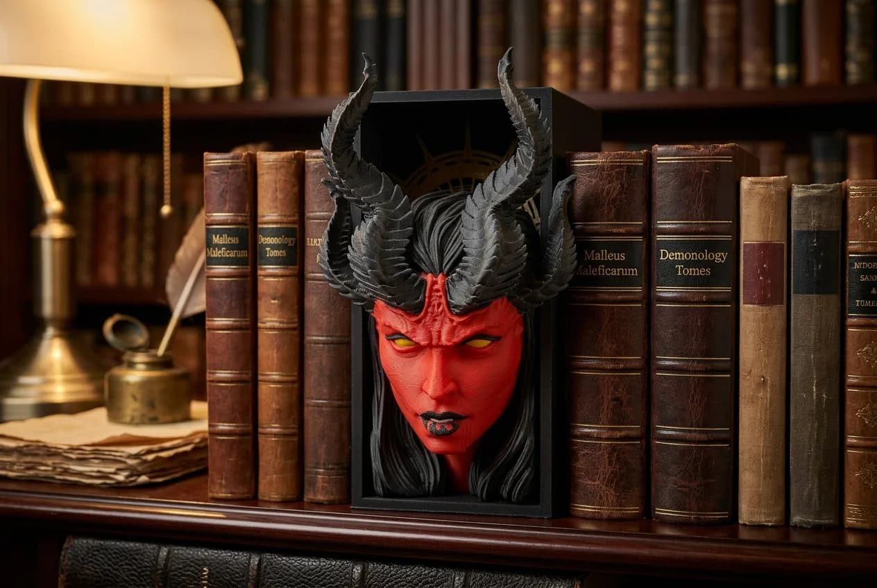 A striking red demon head with prominent black horns is displayed in a shadow box, positioned among a collection of antique books on a wooden shelf. The background features a warm, inviting library setting, complete with a brass lamp and stacks of aged tomes.