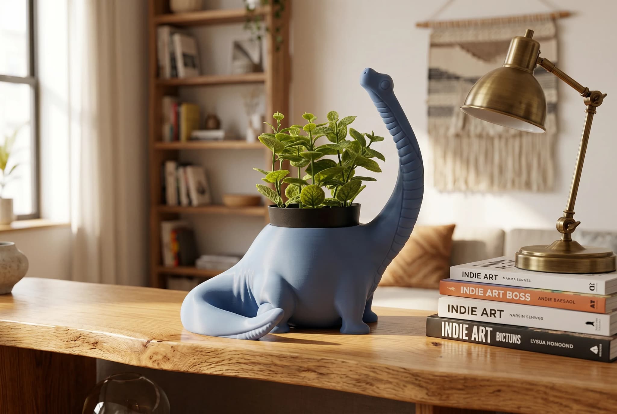A blue dinosaur-shaped planter holds vibrant green plants, sitting on a wooden table in a cozy room. In the background, a bookshelf filled with books and a stylish lamp add to the warm, inviting atmosphere.