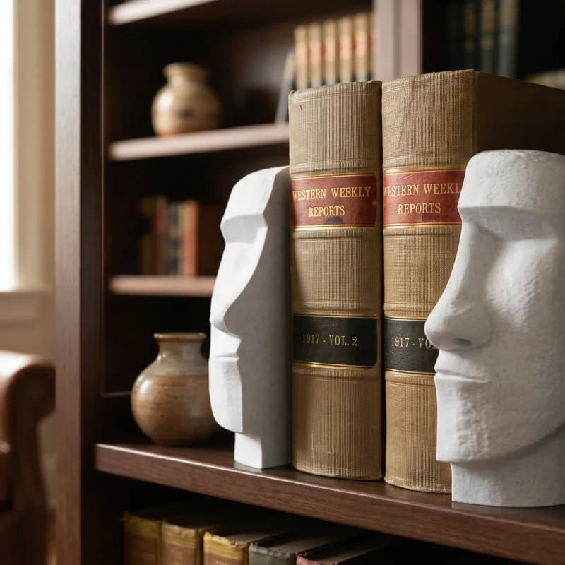Two white stone sculptures resembling Easter Island heads are positioned on a wooden shelf next to several vintage books, including "Western Weekly Reports" and "The Victor Book of Opera." A brown ceramic vase is also visible, with a cozy leather armchair in the background.