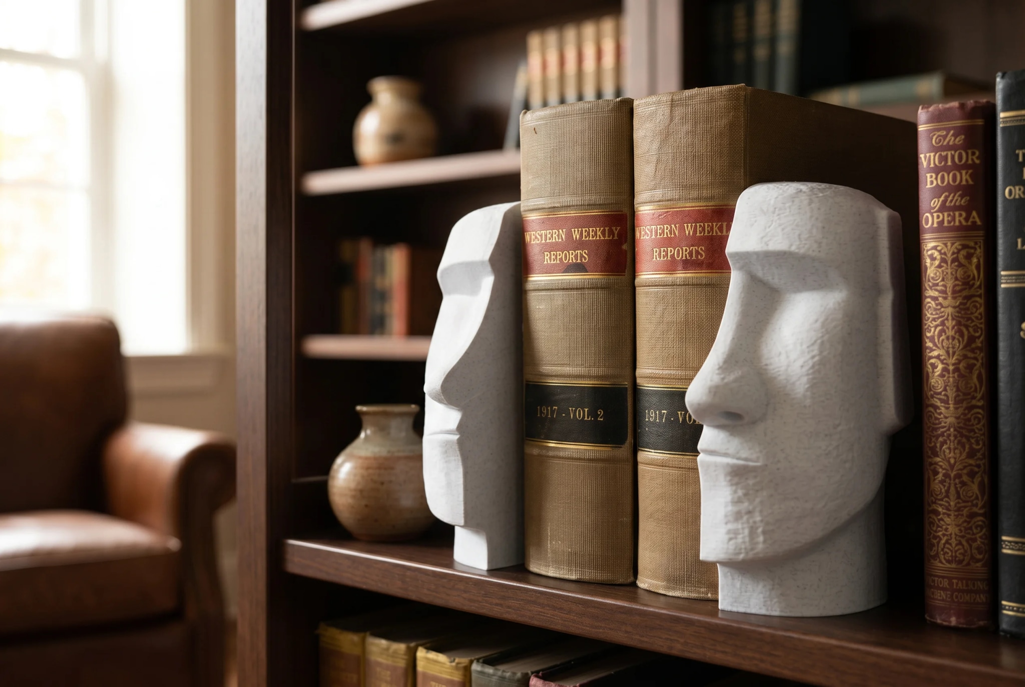 Two white stone sculptures resembling Easter Island heads are positioned on a wooden shelf next to several vintage books, including "Western Weekly Reports" and "The Victor Book of Opera." A brown ceramic vase is also visible, with a cozy leather armchair in the background.