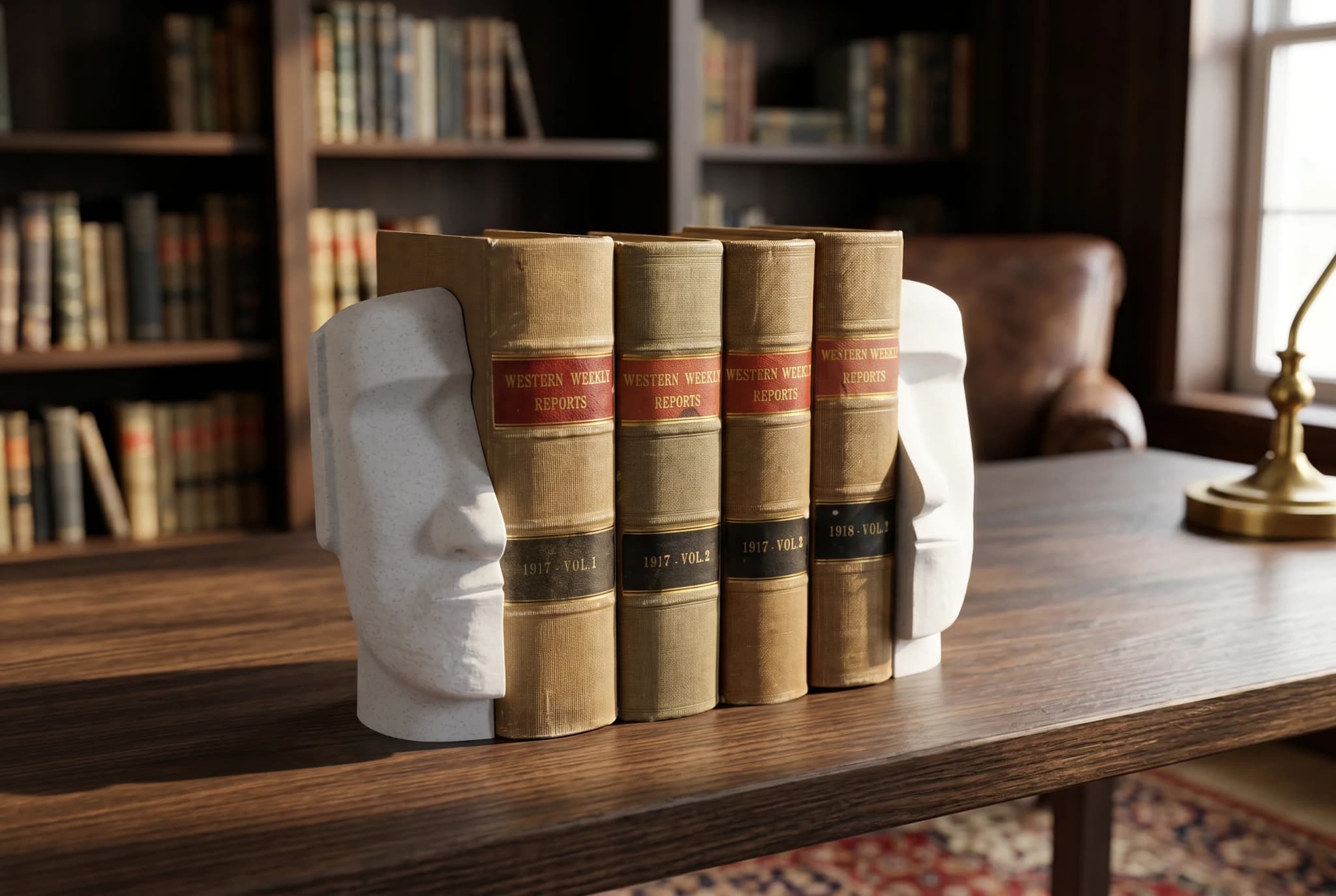 A set of five vintage books titled "Western Weekly Reports" is displayed on a wooden table, flanked by two sculptural bookends shaped like human faces. In the background, a cozy library setting is visible, with shelves filled with various books and a leather chair.