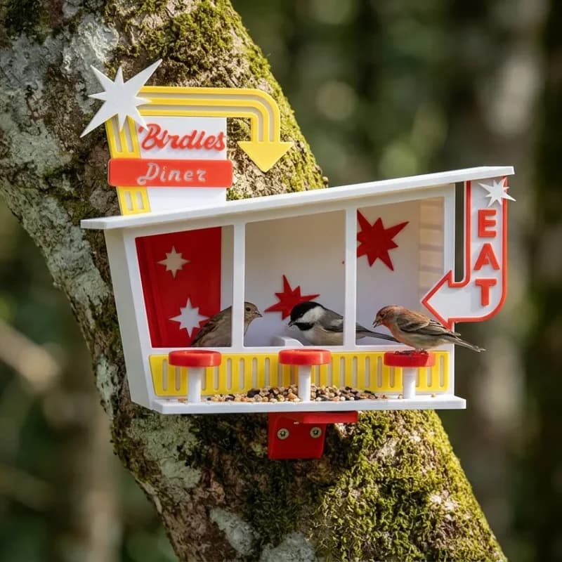 A colorful bird feeder shaped like a retro diner is mounted on a tree, featuring three small birds perched on its ledges. The diner has bright red and yellow accents, with the word "Eat" displayed prominently, and is surrounded by lush greenery.