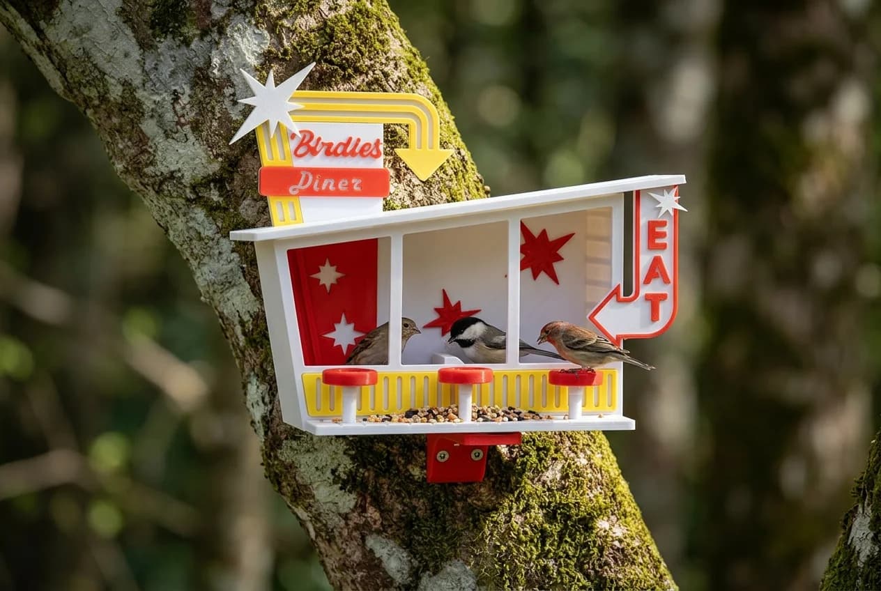 A colorful bird feeder shaped like a retro diner is mounted on a tree, featuring three small birds perched on its ledges. The diner has bright red and yellow accents, with the word "Eat" displayed prominently, and is surrounded by lush greenery.