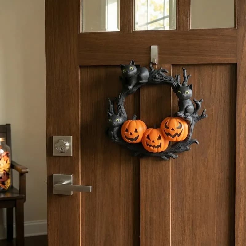 A wooden door displays a Halloween wreath featuring black cats and three orange pumpkins, with a cozy orange blanket draped over a nearby chair.