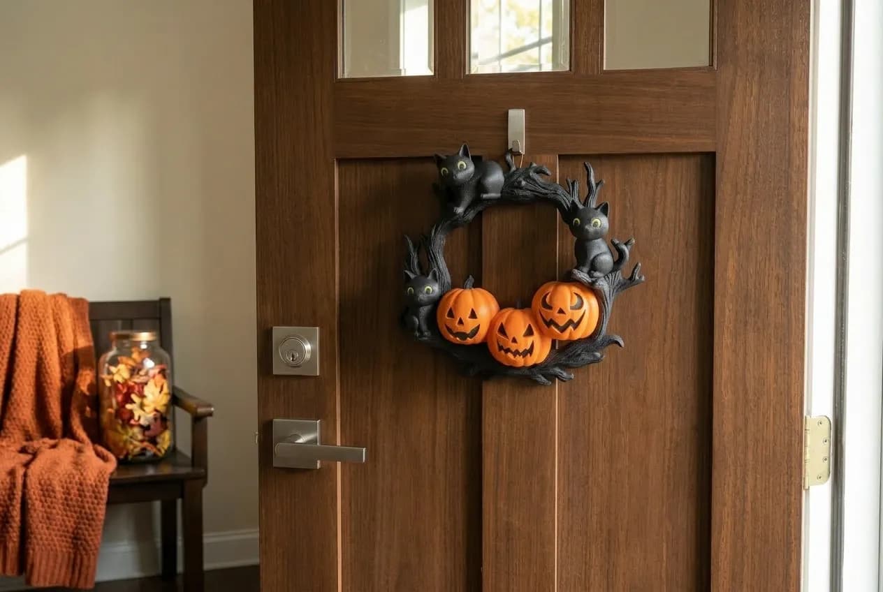 A wooden door displays a Halloween wreath featuring black cats and three orange pumpkins, with a cozy orange blanket draped over a nearby chair.