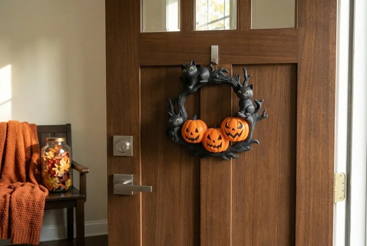 A wooden door displays a Halloween wreath featuring black cats and three orange pumpkins, with a cozy orange blanket draped over a nearby chair.
