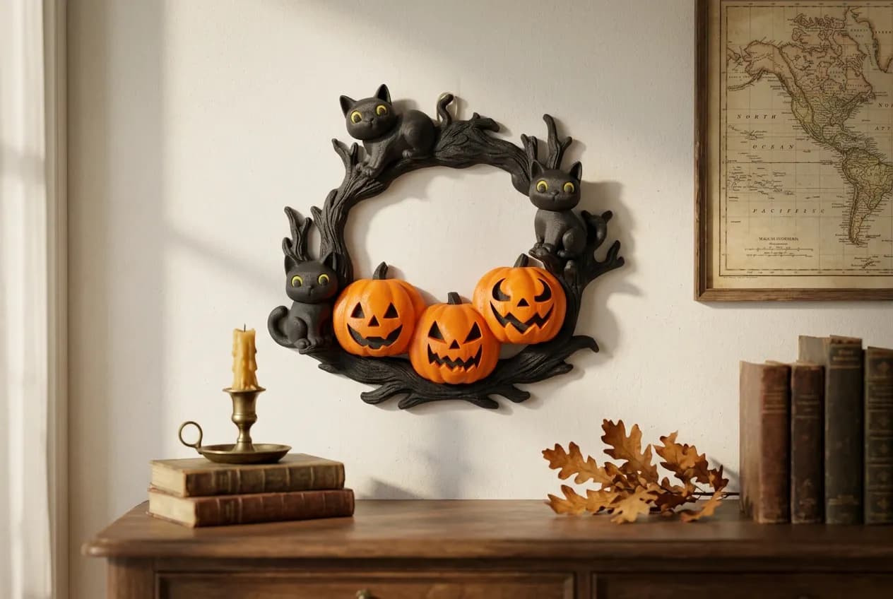 A decorative wall wreath features three carved pumpkins with various facial expressions, surrounded by playful black cats and a branch-like design.