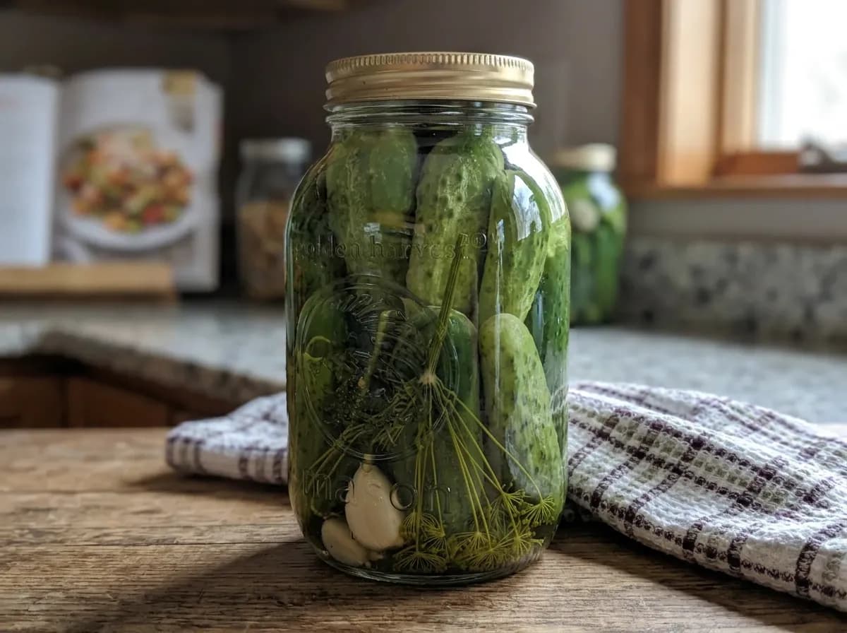 A glass jar filled with pickled cucumbers, garlic, and dill sits on a wooden countertop, with a checkered kitchen towel nearby and blurred cookbooks in the background.