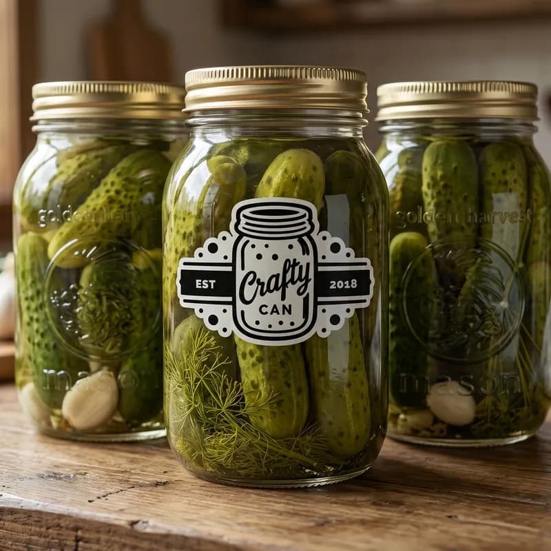 Three glass jars filled with pickles and garlic cloves are arranged on a wooden surface, with a blurred kitchen background.
