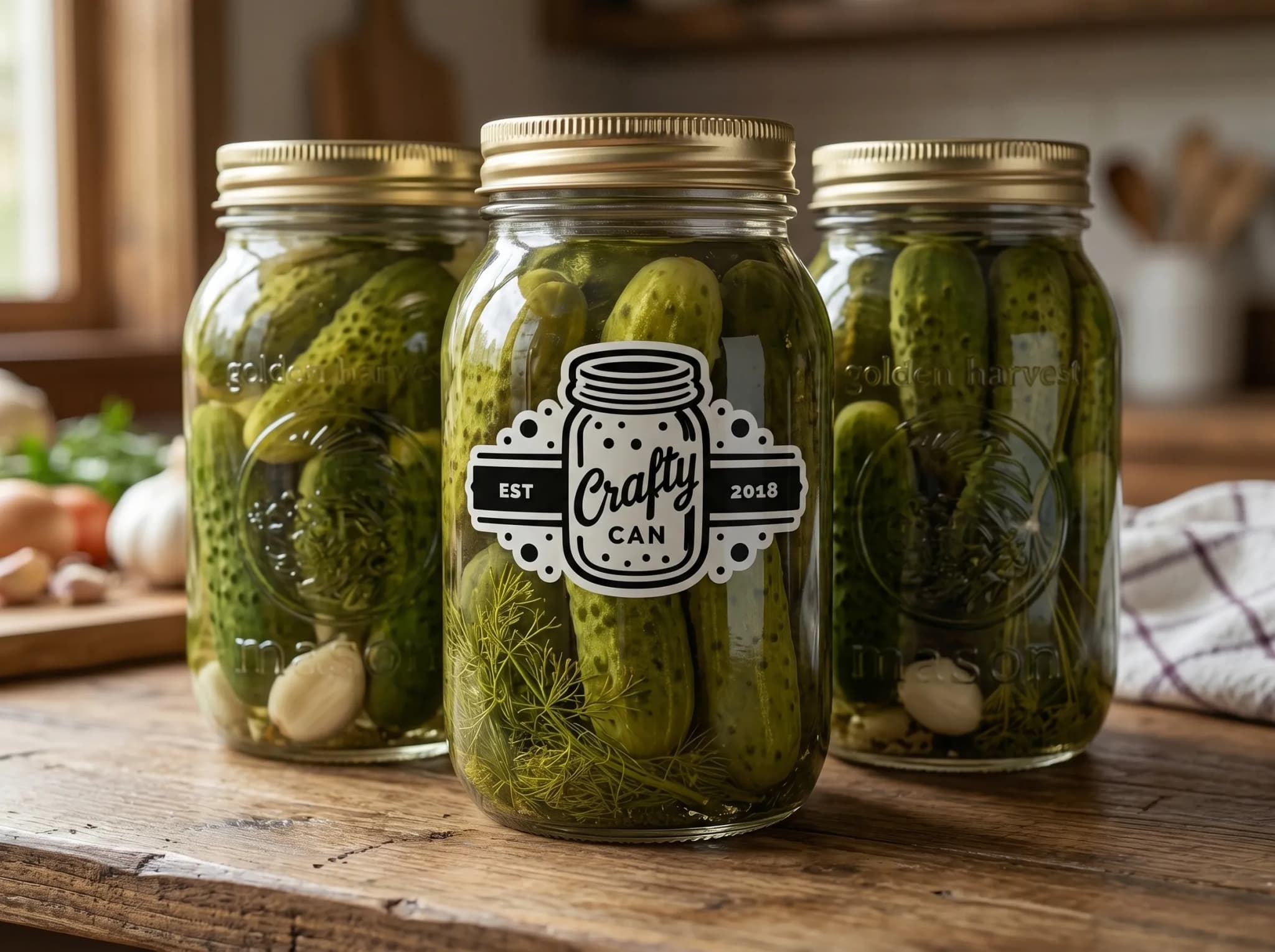 Three glass jars filled with pickles and garlic cloves are arranged on a wooden surface, with a blurred kitchen background.