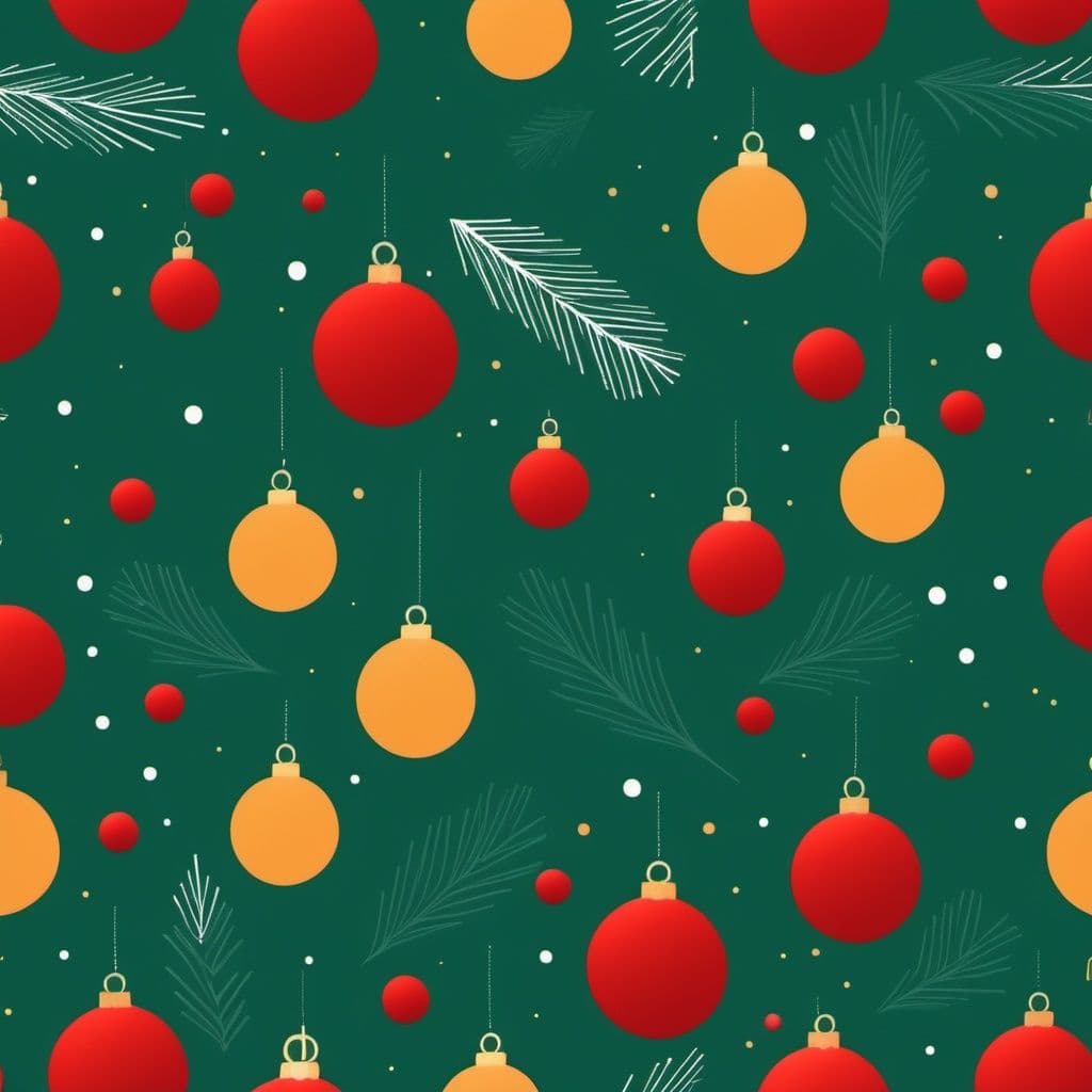 A festive green background is adorned with various Christmas ornaments in red, yellow, and white, alongside scattered white dots and illustrations of pine branches. The design evokes a cheerful holiday atmosphere.